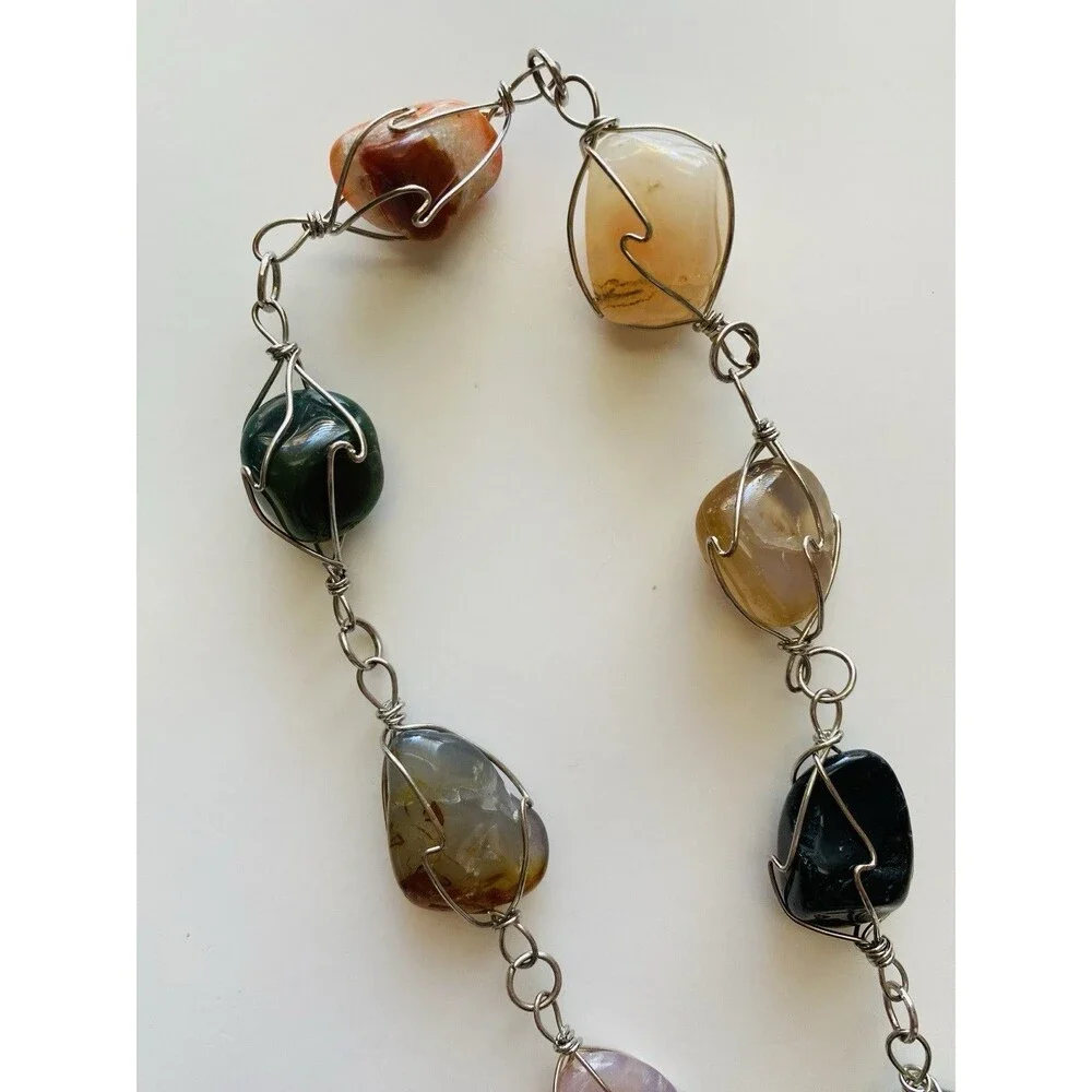 Vintage 33 Inch Artisan Wire-Wrapped Gemstone Cage Necklace Boho Festival Earthy